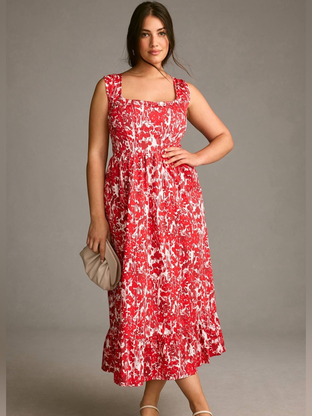 Anthropologie Aureta Red Ivory Square Neck Corset A-Line Midi Dress 100% Cotton